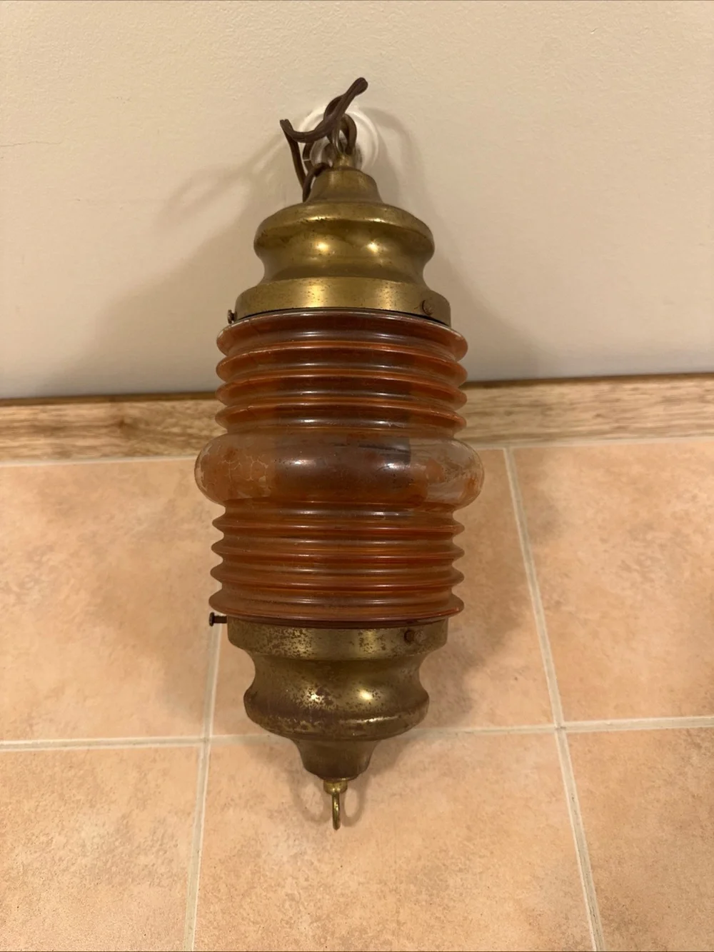 Vintage Brass Nautical Red Glass Electric Hanging Pendant Lamp